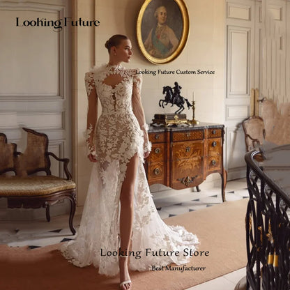 Ivory long sleeve mermaid wedding dress with lace appliques, high neck, side slit and sweep train by The Clothing Company Sydney