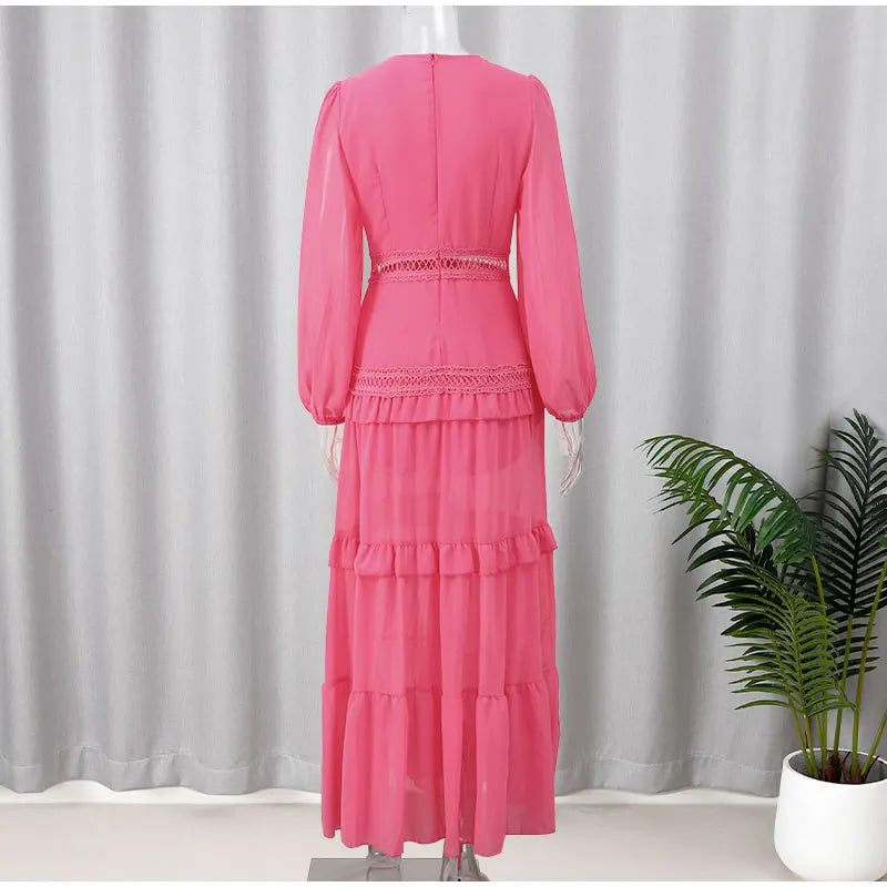 Women V-neck Lantern Long Sleeves Maxi Dress Elegant Patchwork Ruffles Hollow Lace Slim  Summer Dress