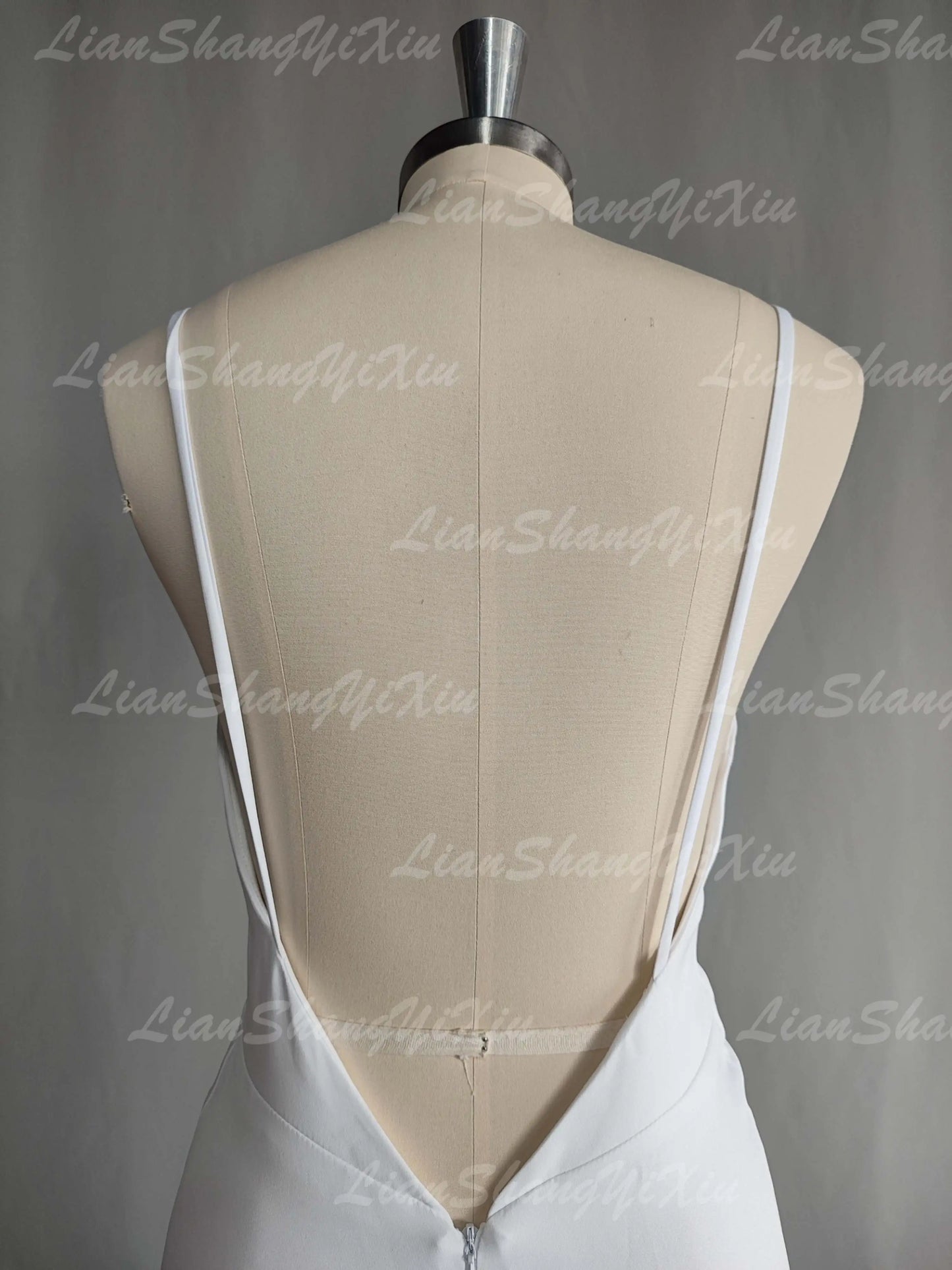 Satin Wedding Dress V-neck Spaghetti Straps Backless Formal Pleat Bridal Grown