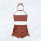 Brown Ribbed Swimwear Shorts Swimsuits Women Halter Bikinis Set String Drawstring Bathing Suit Beachwear The Clothing Company Sydney