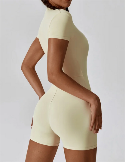 One Piece Yoga Suit with Stand up Collar Half Zipper Short Sleeve Gym Jumpsuit Activewear