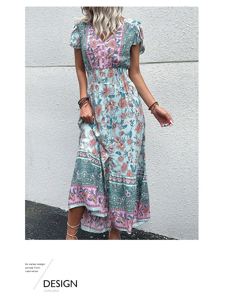 Short Sleeves V Neck Vintage Floral Boho Printed Slit Midi Dresses A Line Bohemian Summer Beach Dress