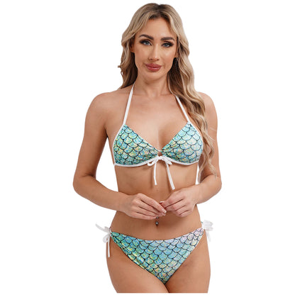 Women's Mermaid Print Swimsuit Bikini Bathing Suit Halter Sponge Pad Bra and Drawstring Briefs Beach Pool Surfing Swimwear - The Clothing Company Sydney