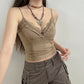 V Neck Strap Lace Trim Frill Suede Vintage Y2K Top Camisole Fashion Ruffles Party Summer Crop Top The Clothing Company Sydney