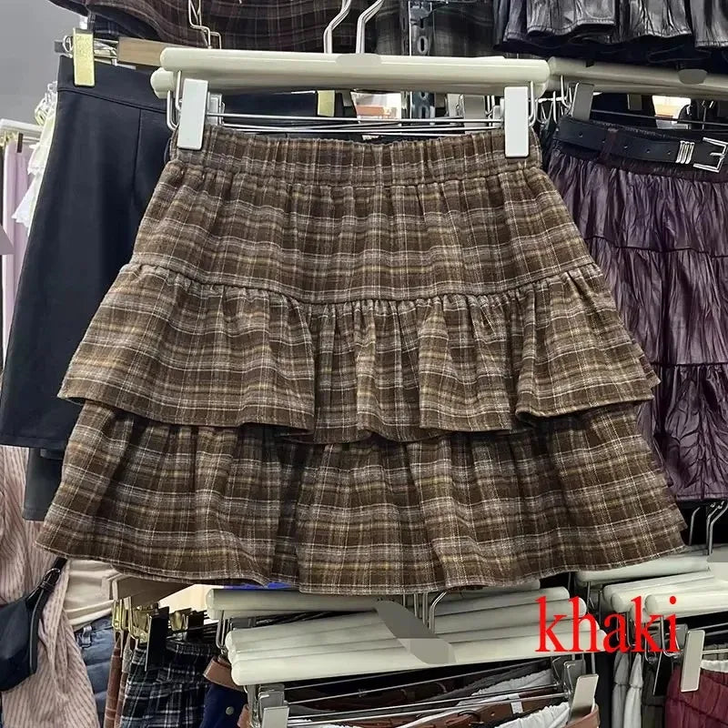 Y2k Cute Ruffled Plaid Skirt Punk Rock Casual Women's Skirts