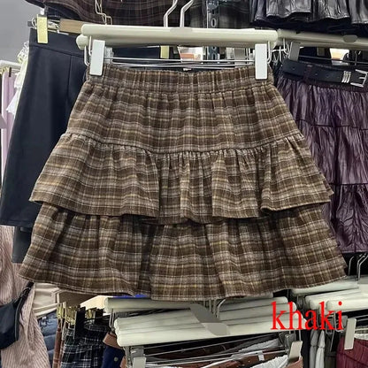 Y2k Cute Ruffled Plaid Skirt Punk Rock Casual Women's Skirts
