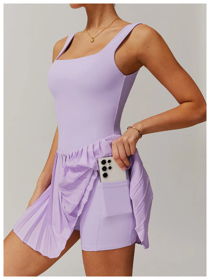 Women's Tennis Dress Jumpsuit Bottom Fitness Clothes Sports Running Pockets Pleated Skirt Sports Yoga Set Dress