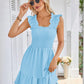 Womens Summer Casual Boho Sleeveless Backless Square Neck Smocked Ruffle Mini Dress A-Line Swing Sundress