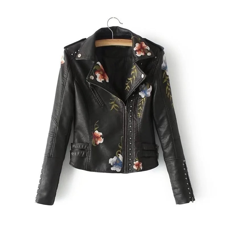 PU Leather Embroidered Rivet Coat Biker Streetwear Zipper Overcoat Women's Jackets Spring Clothes