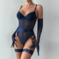 Tight Fitting Lace Bodysuit With Gloves Garter Night Club Outfit Mesh Top Lingerie Set