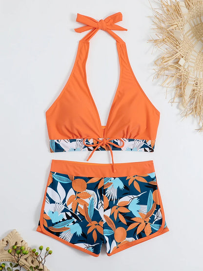 2 Piece Halter Bikini Set Shorts Swimsuit High Waist Swimwear Female Printed Bathers Swimming Bathing Swim Suit Beachwear