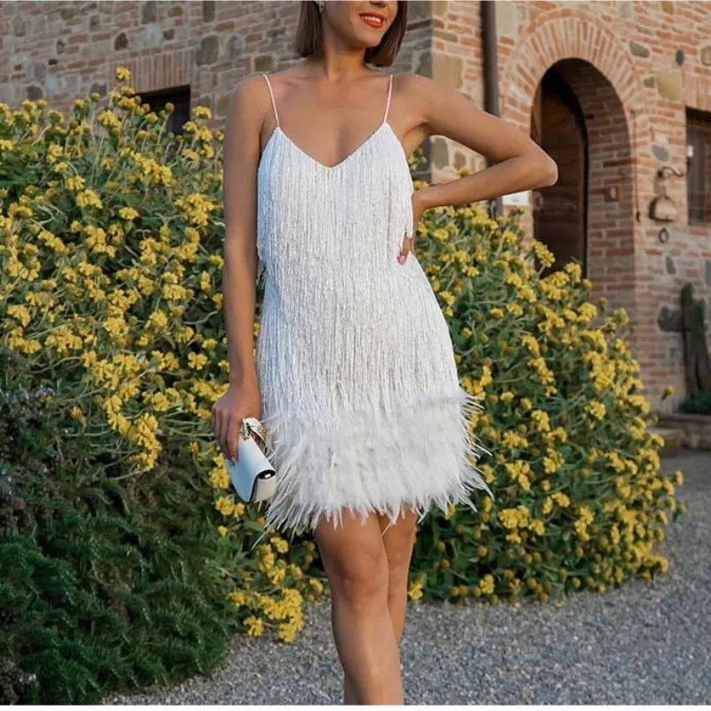 Tassel Sequins Feather Mini Dress Women's Spaghetti Strap Stitching Elegant Evening Party Club Dress