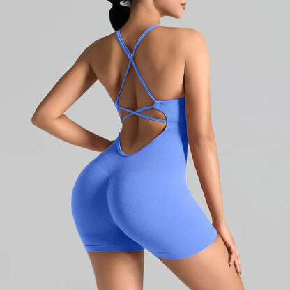 Women's Slim-Fit Yoga Shorts Seamless Back Workout Bodysuit Breathable Quick-Dry Gym Running Pilates Fitness Jumpsuit