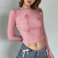 Sweet Bow Knit Spring Top Long Sleeve Pink Bow Women's T Shirts Clothes Basic Outfits