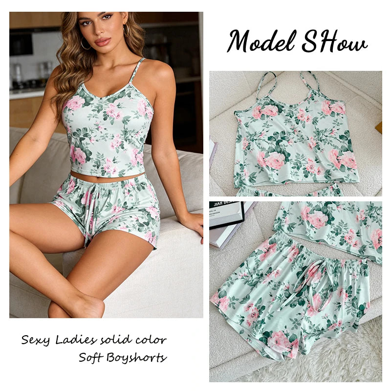 Womens Pajama Ladies Satin Pyjama Print Round Neck Ice Silk Top T-Shirt and Shorts Sets