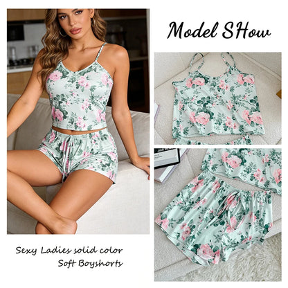 Womens Pajama Ladies Satin Pyjama Print Round Neck Ice Silk Top T-Shirt and Shorts Sets