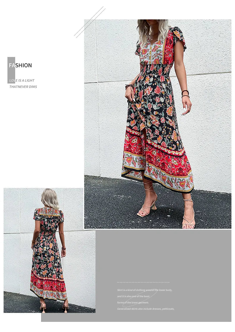 Short Sleeves V Neck Vintage Floral Boho Printed Slit Midi Dresses A Line Bohemian Summer Beach Dress