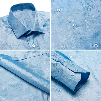 Sky Blue Mens Shirts Spring Autumn Paisley  Long Sleeve Lapel Shirt Business Party Wedding Dress Shirt The Clothing Company Sydney