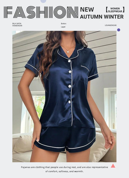 Summer Silk Satin Women Pyjamas Set Button Down Top & Shorts 2 Piece Sleepwear Notched Collar Nightwear Loungewear The Clothing Company Sydney