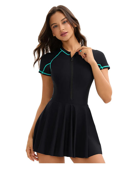 Women's high neck one piece swimdress swimsuit with skirt in sporty swimwear style
