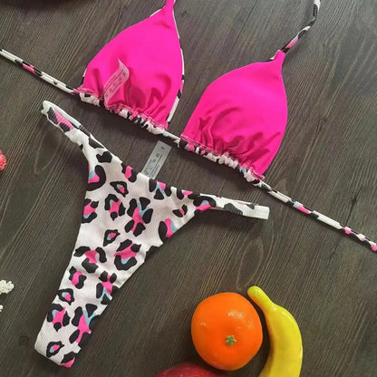 Two Piece Bikini Set Leopard Print Halter Bikini Set Cherry Print Thong Swimsuit High Waist Lace-up Bathing Suit - The Clothing Company Sydney