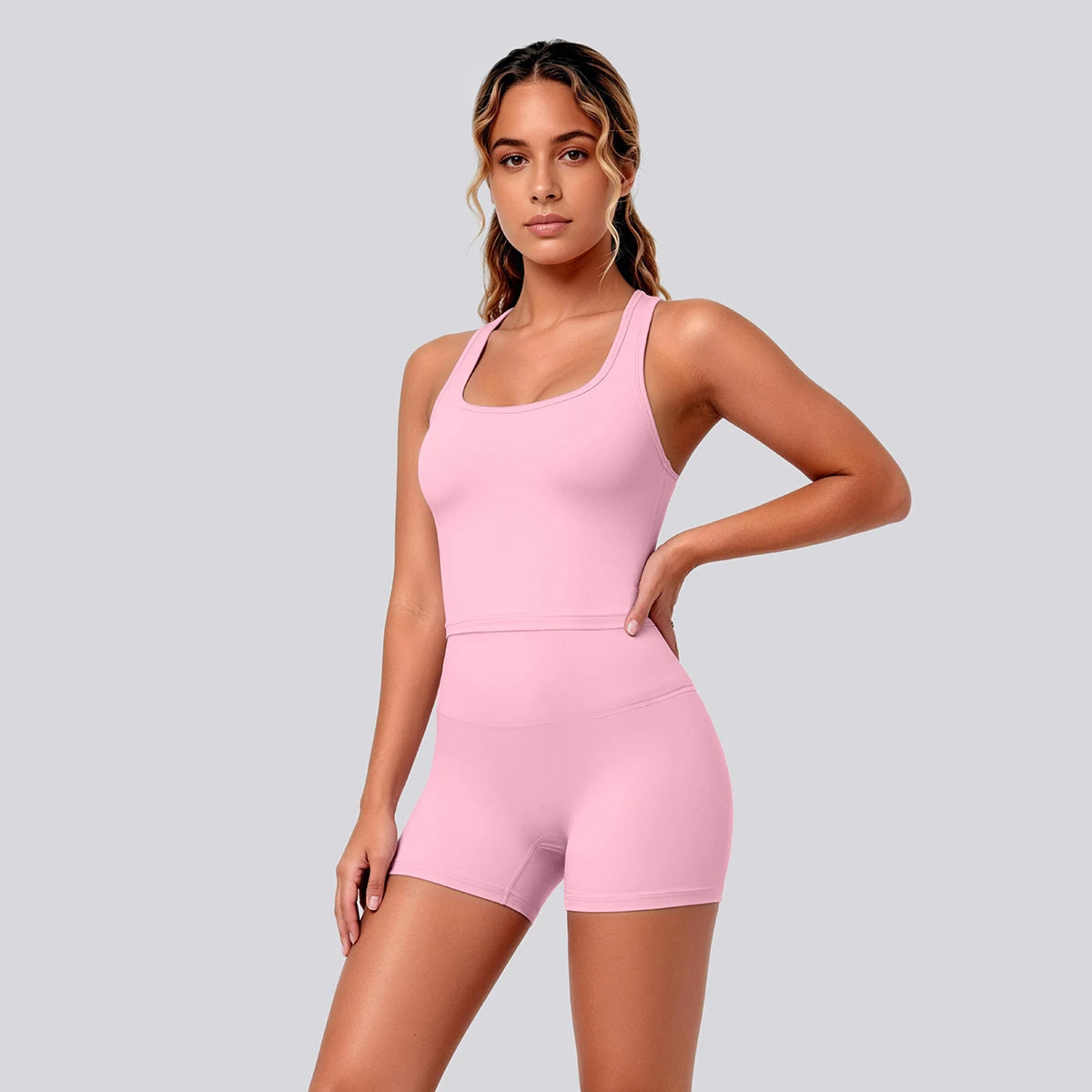 2 Piece Women's Breathable Workout Top I-shaped Vest  Push Up Quick-Dry Summer Yoga Shorts Matching Set