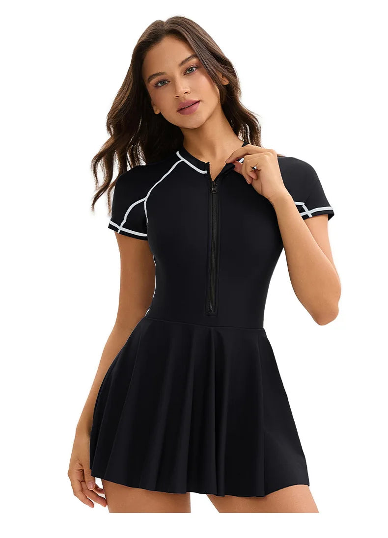 Women's high neck one piece swimdress swimsuit with skirt, sport swimwear by The Clothing Company Sydney