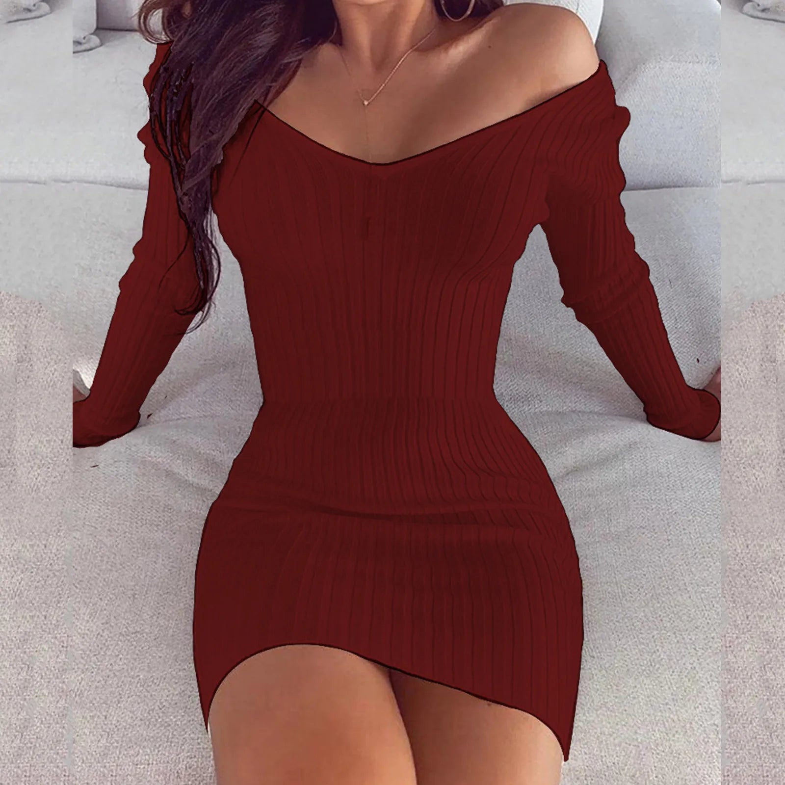 Slim Knitted Solid Color V Neck Long Sleeve Stretchy Short Bodycon Dress Autumn Winter Casual Short Dress The Clothing Company Sydney
