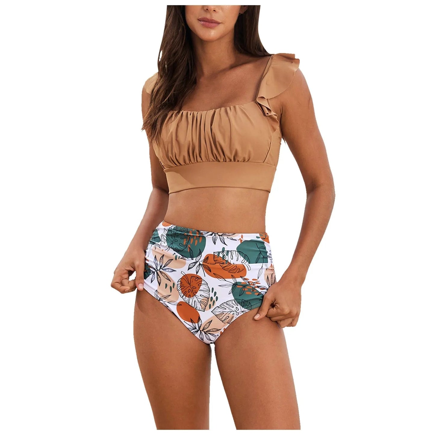 2 Piece Print Swimsuit Ruffle Swimwear Tops And High Waist Bikini Swim Shorts Beachwear The Clothing Company Sydney