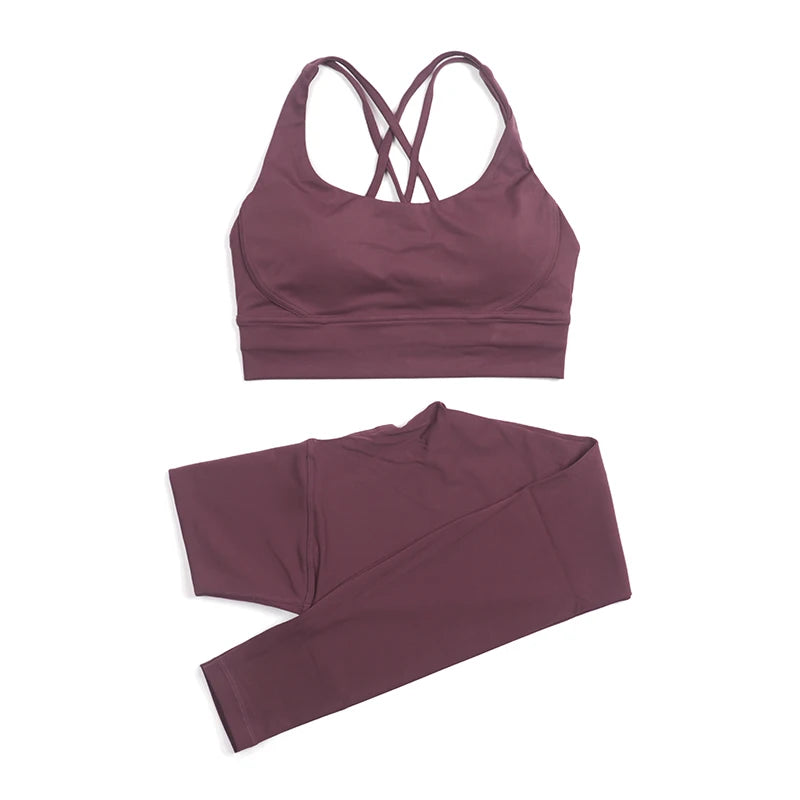 Nylon Yoga Set Women's Tracksuit Gym Fitness Set Woman 2 Piece Leggings Sports Bra Breathable Sportwear - The Clothing Company Sydney