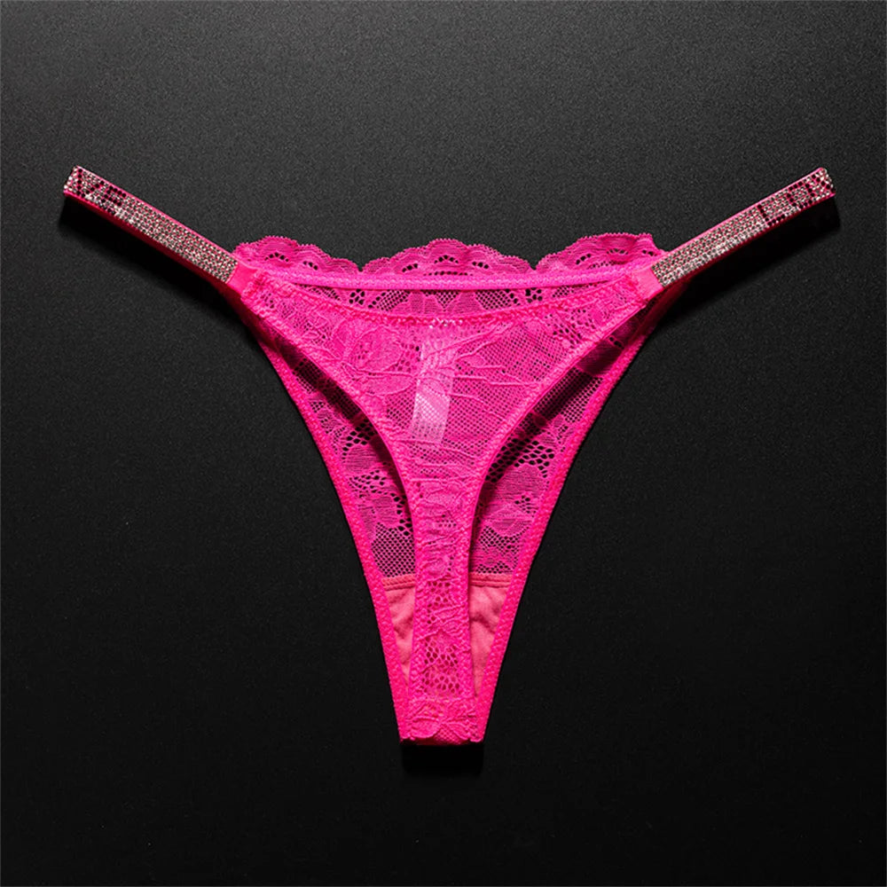 Crystal Embellished Perspective Lace Thong Breathable Underwear Women Transparent T-back Plus Size G String