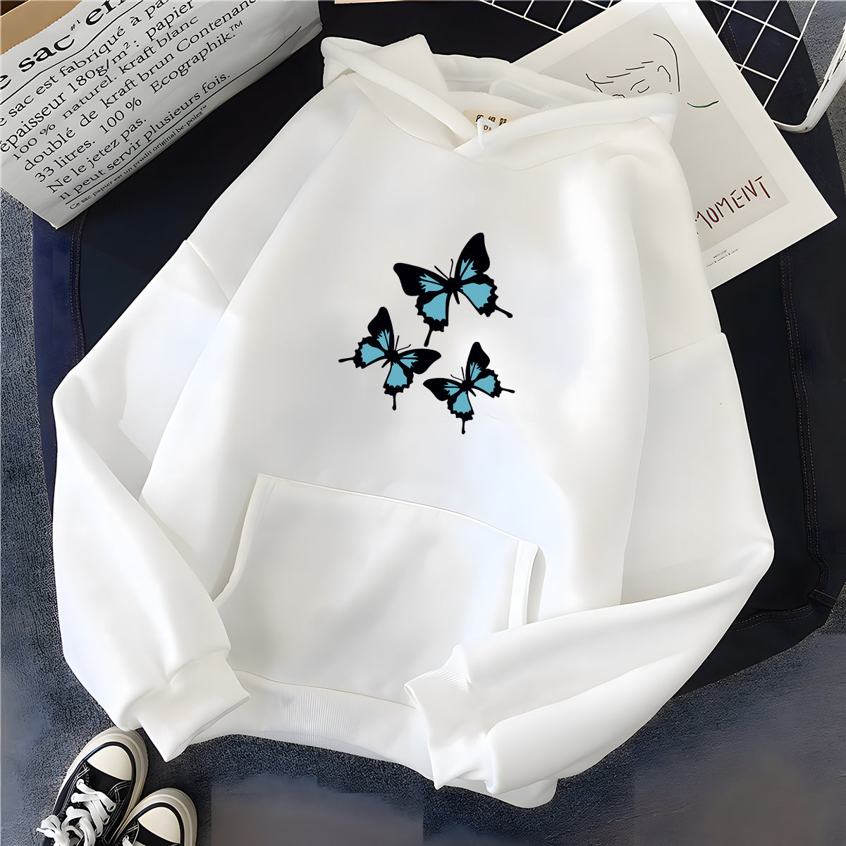 Butterflies Graphic Print Womens Long Sleeve Oversized Sweatshirt Streetwear Fleece Ladies Top