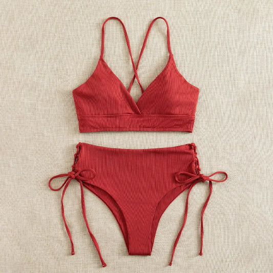 V-Neck Split Bikini Set for Women Swimsuit Lace Up Triangular Beach Swimwear Bathing Suit The Clothing Company Sydney