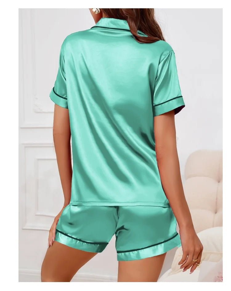 Summer Silk Satin Women Pyjamas Set Button Down Top & Shorts 2 Piece Sleepwear Notched Collar Nightwear Loungewear The Clothing Company Sydney