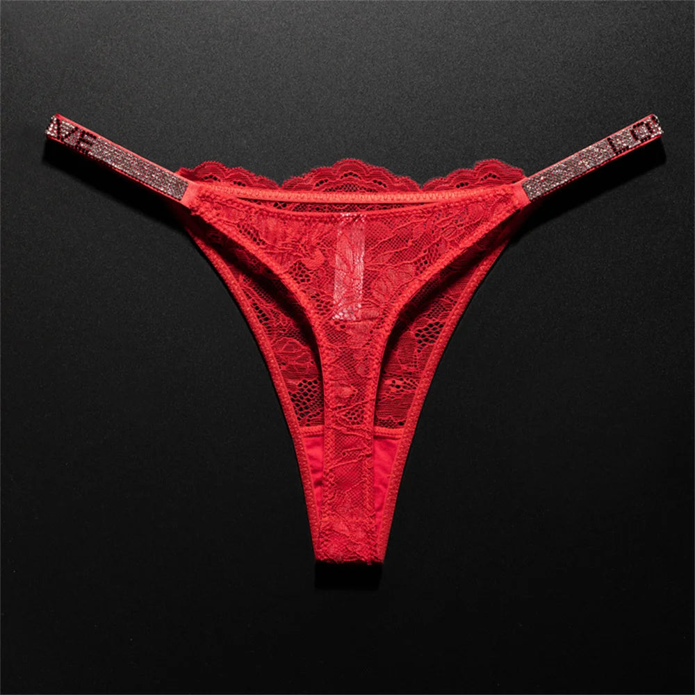 Crystal Embellished Perspective Lace Thong Breathable Underwear Women Transparent T-back Plus Size G String