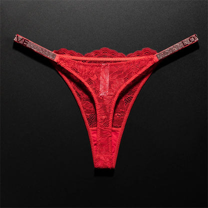 Crystal Embellished Perspective Lace Thong Breathable Underwear Women Transparent T-back Plus Size G String