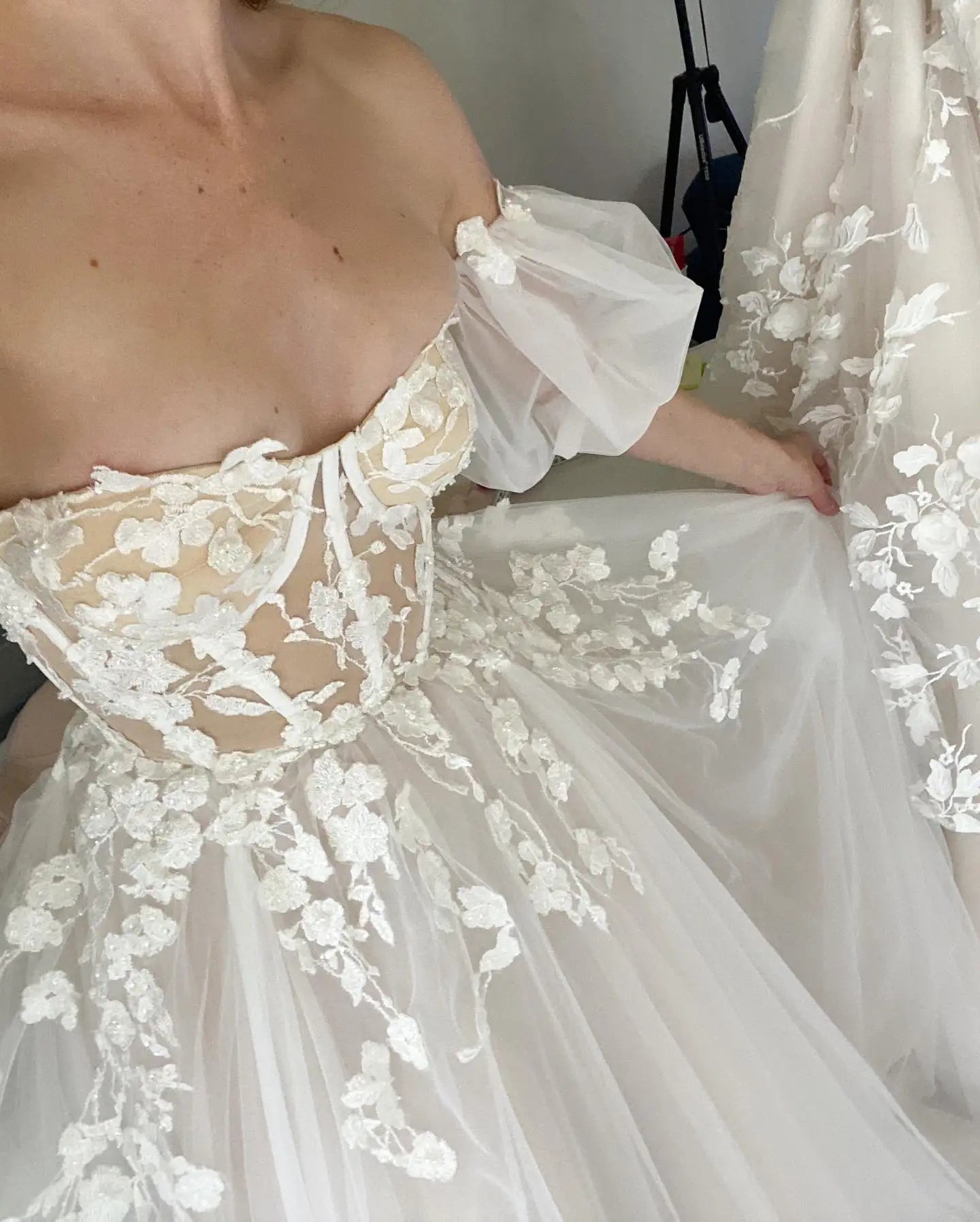 Short Puff Sleeves 3D lace Wedding Dresses Champagne Liner Tulle Appliques Formal Bridal Gowns The Clothing Company Sydney