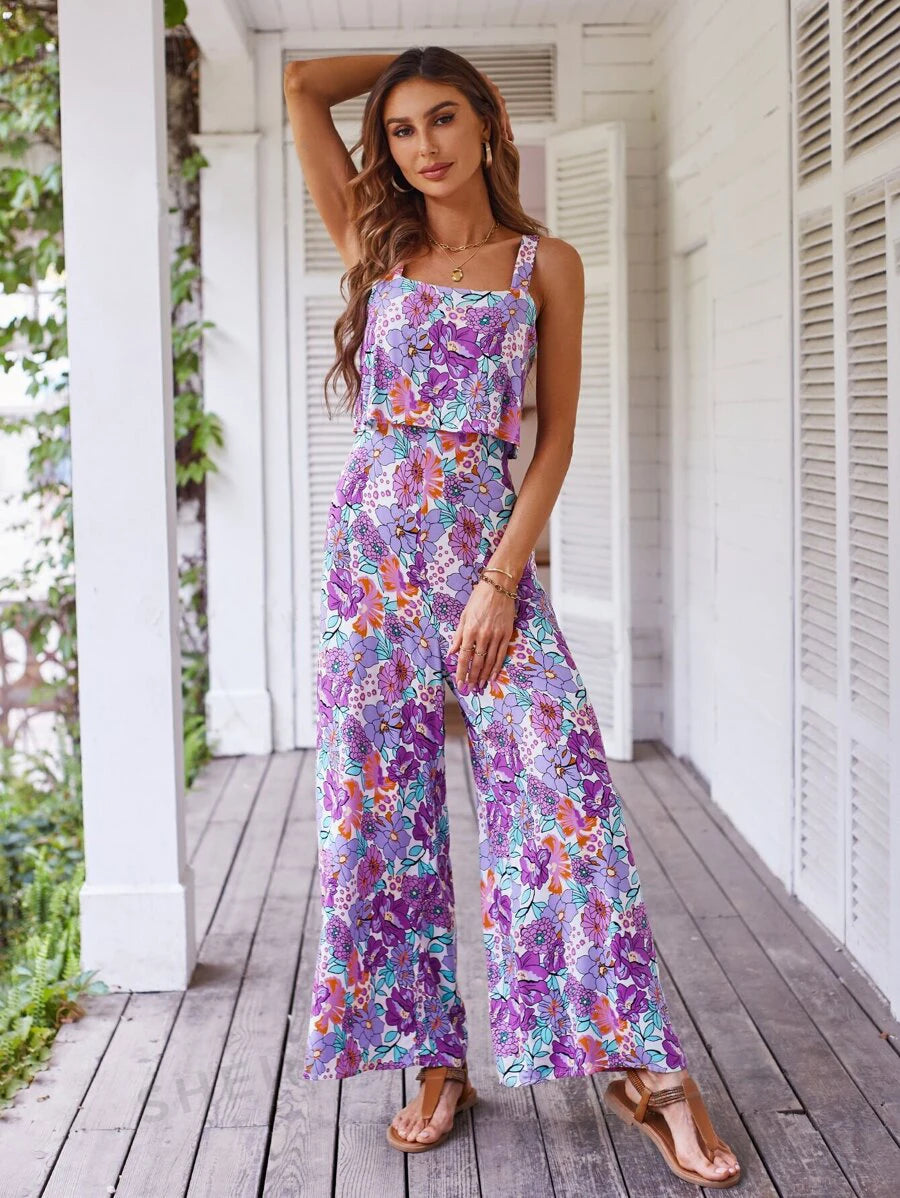 Elegant Long Women's Backless Wide Leg Jumpsuits Casual Sleeveless Floral Rompers Summer Matching Outfit Set