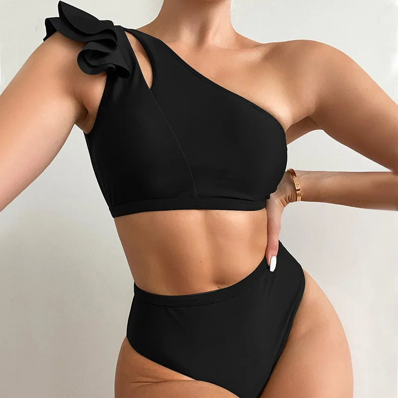 One Shoulder Women Ruffle Swimsuit Solid High Waist Swimwear Padded Bathers Bathing Swimming Suit Beachwear The Clothing Company Sydney