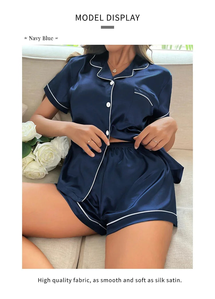Summer Silk Satin Women Pyjamas Set Button Down Top & Shorts 2 Piece Sleepwear Notched Collar Nightwear Loungewear The Clothing Company Sydney