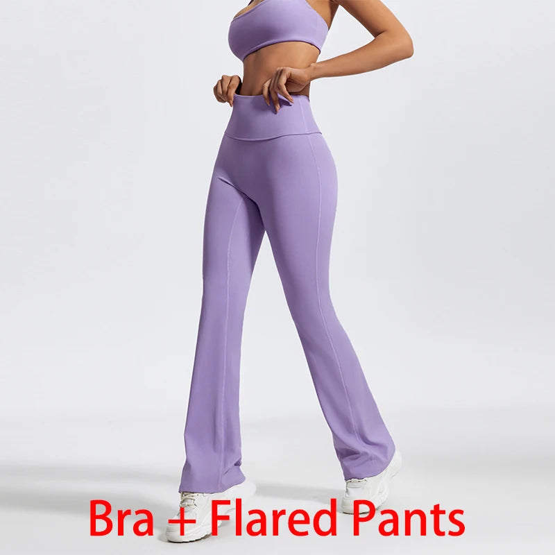 Women Two Piece Gym Workout Bra Yoga Set Shorts Fitness Wear Quick-Dry Sports Bra Flared Pants Suits