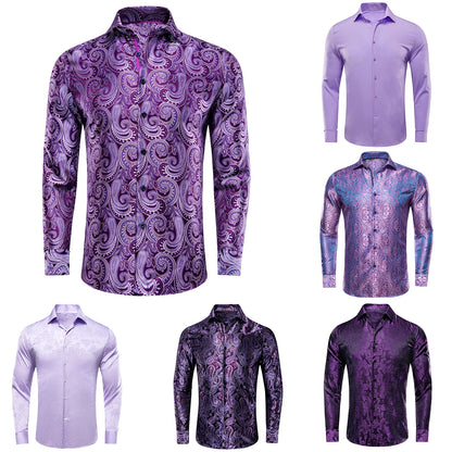 Lilac Mauve Lavender Purple Silk Mens Shirts Luxury Lapel Long Sleeve Dress Shirt