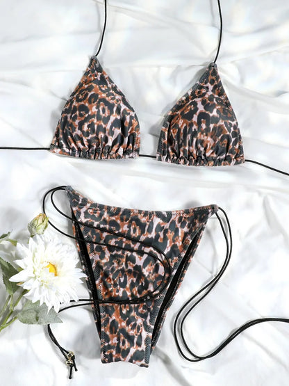 2 Piece Triangle Micro Thongs Swimsuit Bathing Suit Bandage Beachwear Print Swimwear Thong Bikini Set