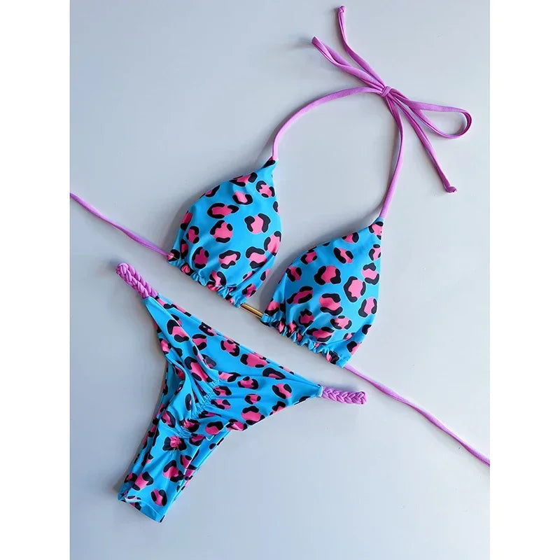 2 Piece Swimwear Leopard Printed Micro Bikini Set Striped Beachwear Summer Swimsuit Two-pieces Thong Bathing Suit