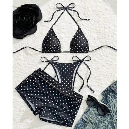 Three-piece Brazilian bikini swimsuit for women by The Clothing Company Sydney, with bikini top, bottoms and cover-up