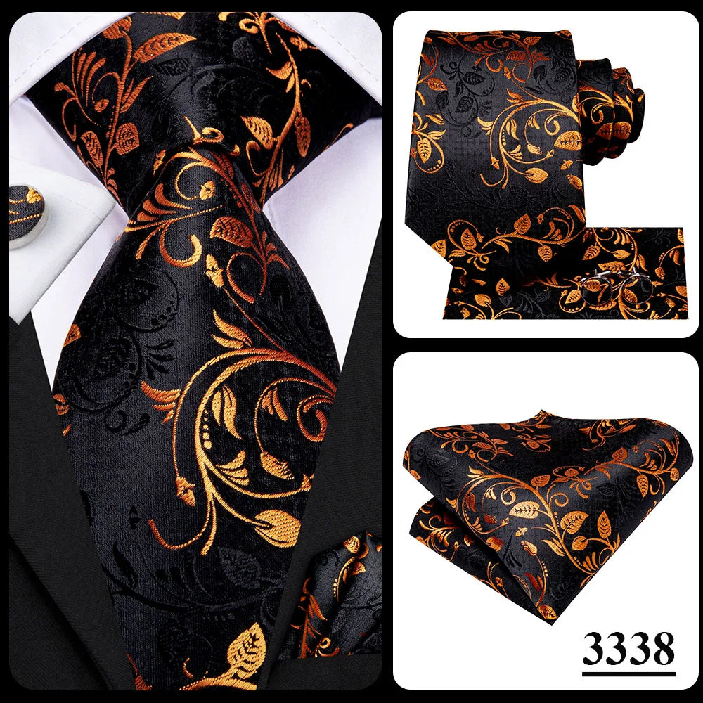 3 Piece Black Floral Silk Wedding Tie For Men Handky Cufflink Elegant Necktie Set For Men