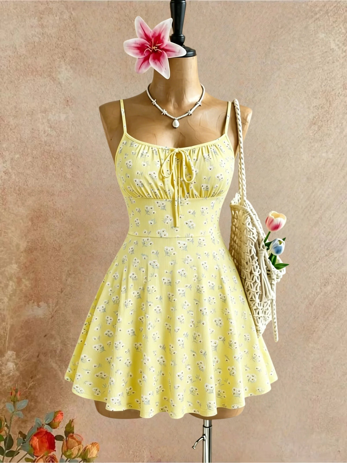 Women Thin Spaghetti Strap Floral Front Tie Ribbed Mini Skater Summer Y2K Dress
