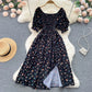 Women's Fashion Romantic Floral Print Split Long Summer Dress Puff Sleeve Party Dress