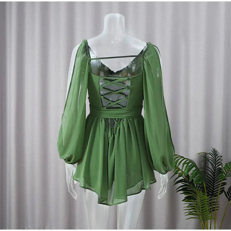 Green Pleated Mini Elegant V-neck Split Long Sleeve A-line Summer Lady Solid Backless Lace Up Dress