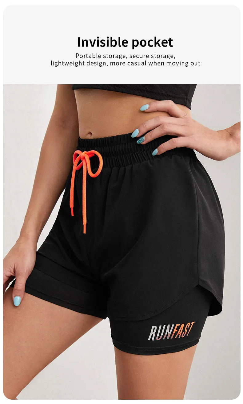 Women's High Rise Yoga Shorts With Elastic Running Shorts Two Pieces Pants With Inside Layer